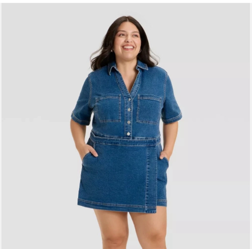 Ava & Viv Denim Romper Skortalls XXL NWT Button Front Short Sleeve Dark Wash